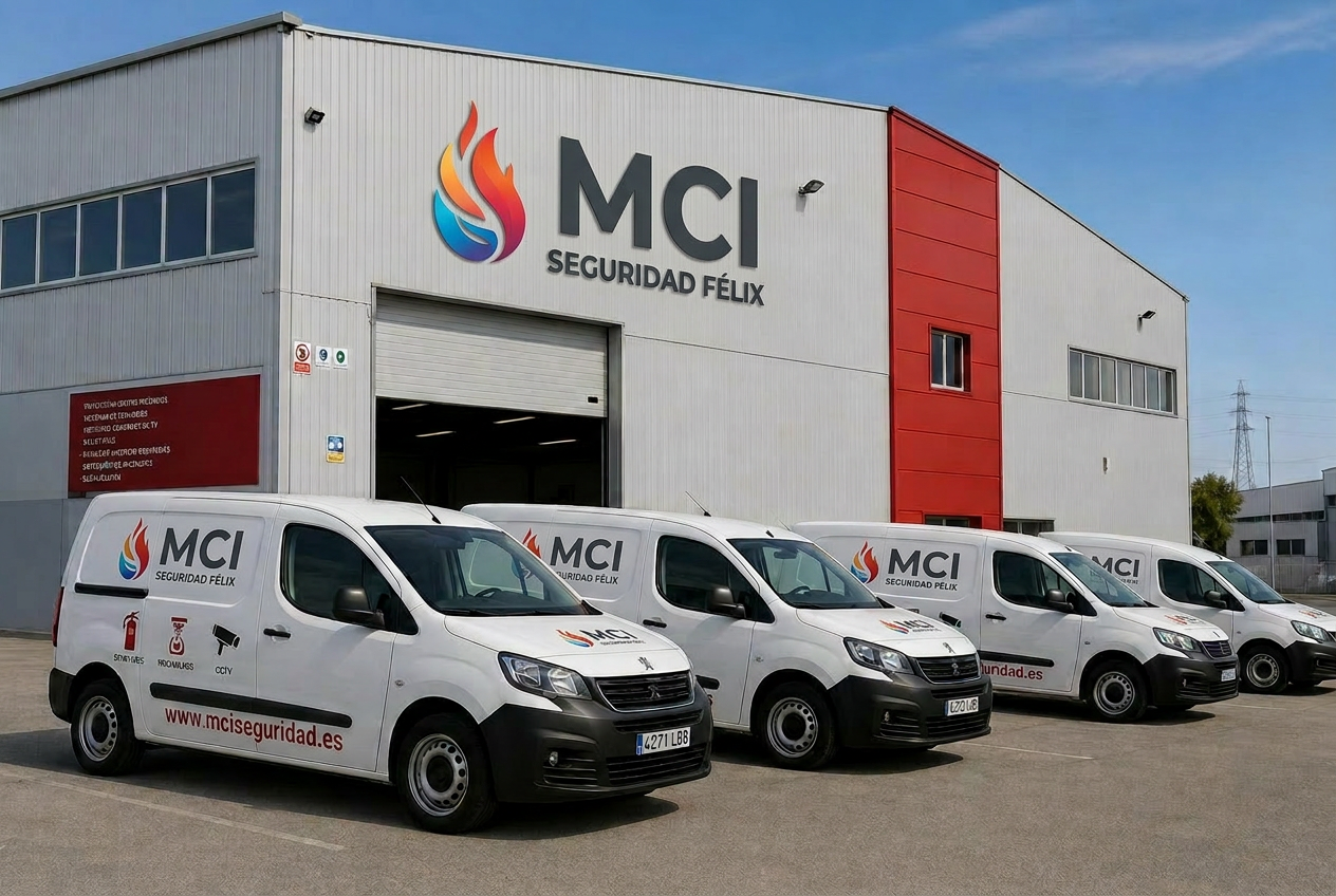 Nave y flota de furgonetas rotuladas de MCI Seguridad Félix - www.mciseguridad.es