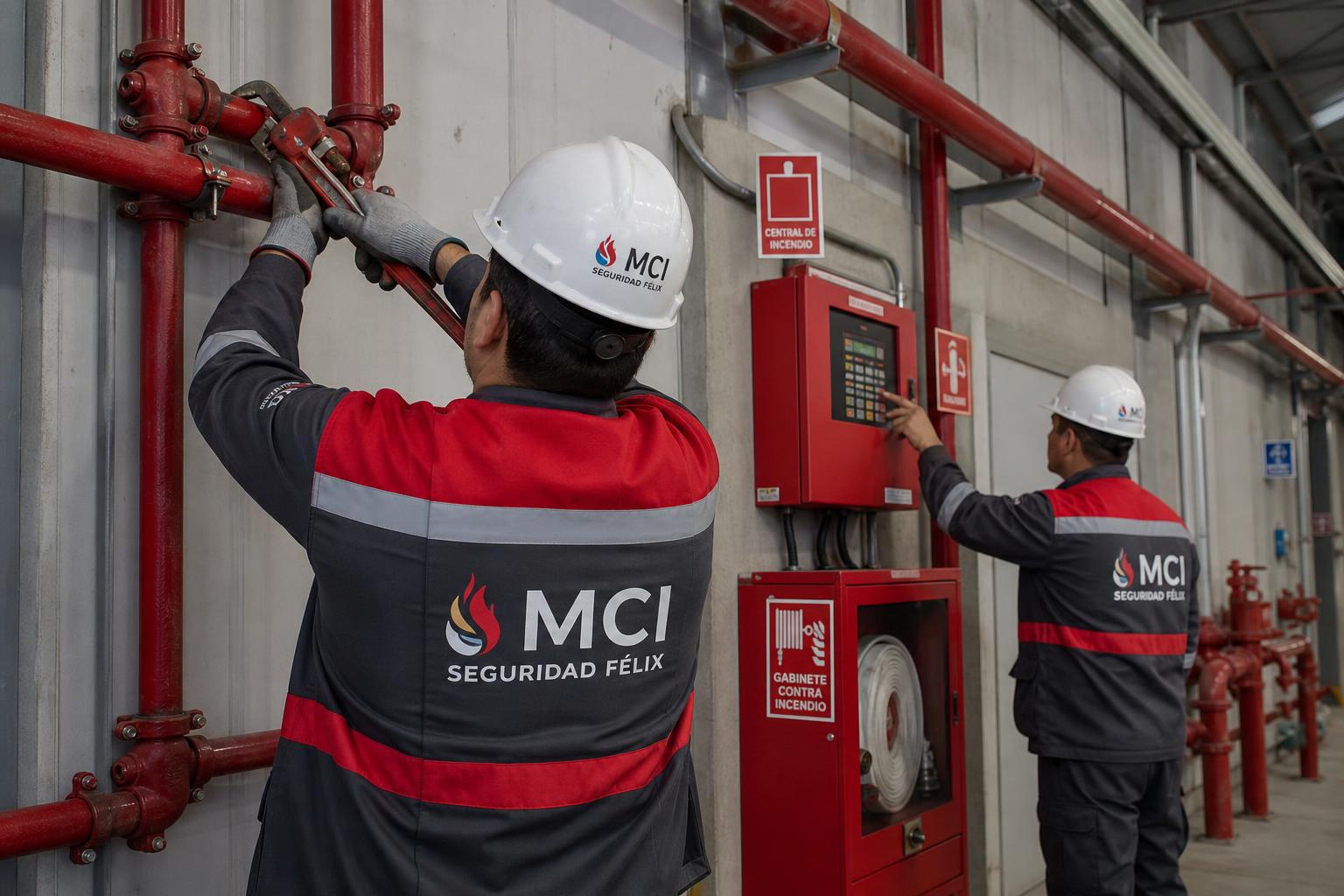 Técnicos de MCI Seguridad Félix trabajando en instalación PCI