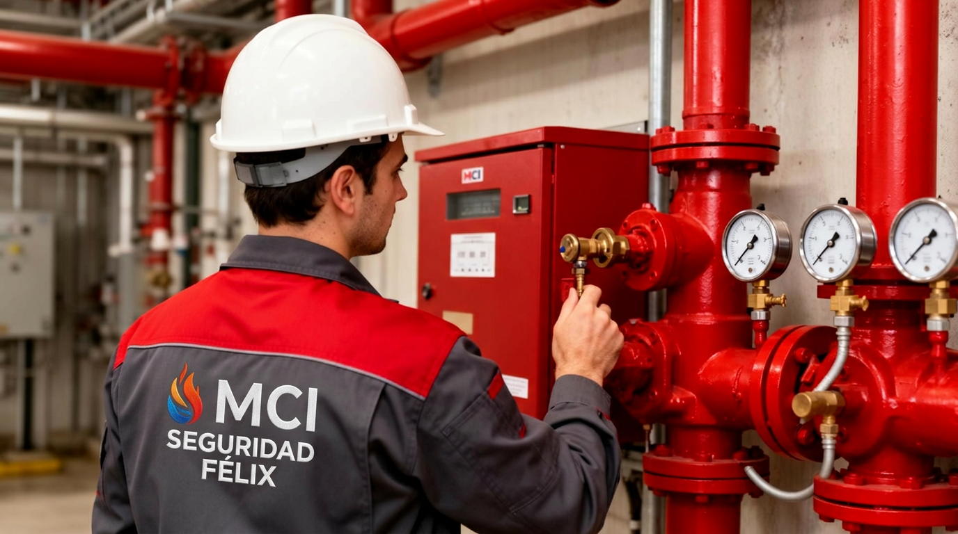 Técnico MCI Seguridad Félix revisando válvula y manómetros del sistema PCI
